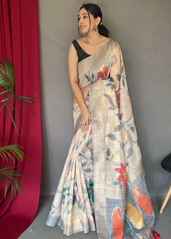 Grey Zari Woven Chanderi Silk Saree With Blouse - Indian Silk House Agencies