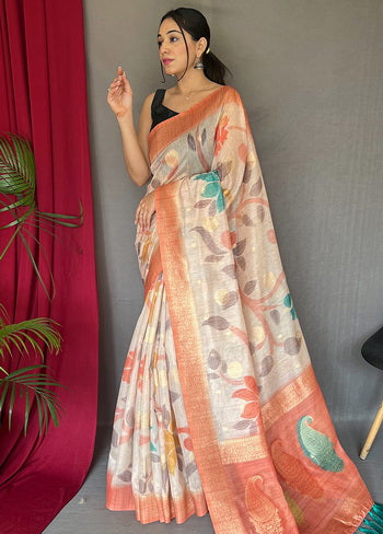 Peach Zari Woven Chanderi Silk Saree With Blouse - Indian Silk House Agencies
