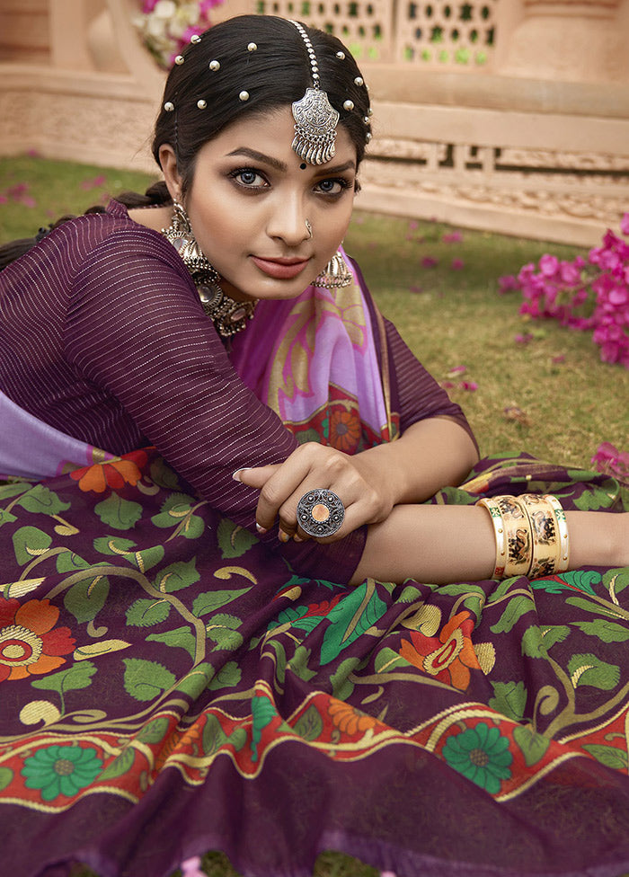 Purple Cotton Saree With Blouse Piece - Indian Silk House Agencies