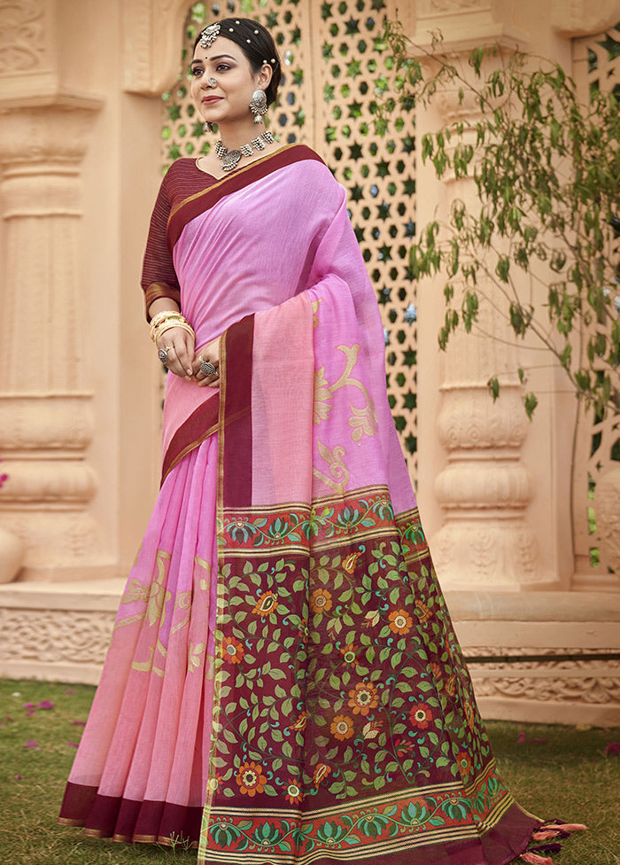 Pink Cotton Saree With Blouse Piece - Indian Silk House Agencies