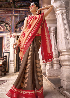 Brown Linen Silk Saree With Blouse Piece - Indian Silk House Agencies