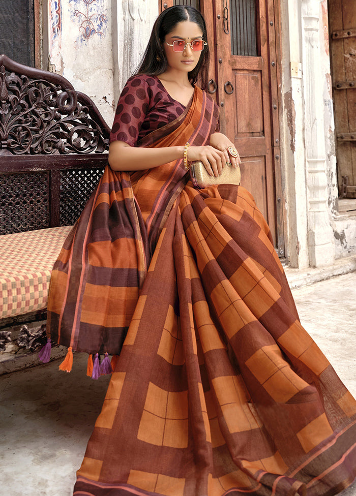 Mustard Linen Silk Saree With Blouse Piece - Indian Silk House Agencies