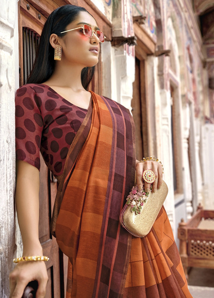 Brown Cotton Saree With Blouse Piece - Indian Silk House Agencies