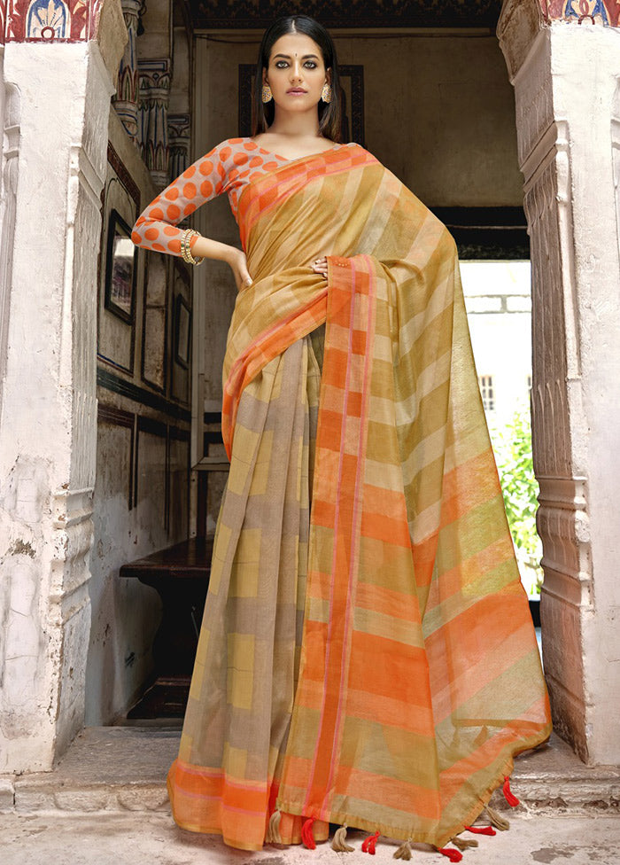 Orange Cotton Saree With Blouse Piece - Indian Silk House Agencies