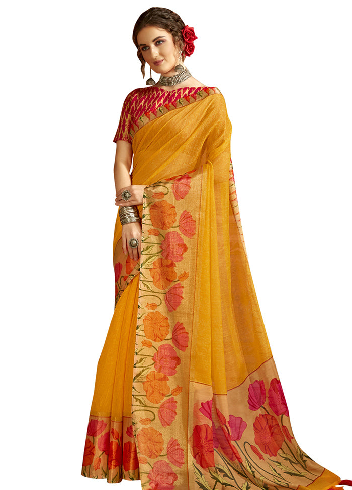 Yellow Cotton Saree With Blouse Piece - Indian Silk House Agencies