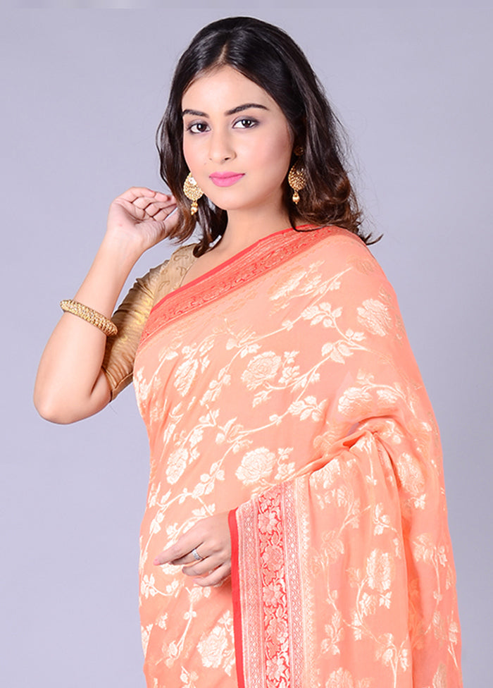 Peach Chiffon Pure Silk Saree With Blouse Piece - Indian Silk House Agencies