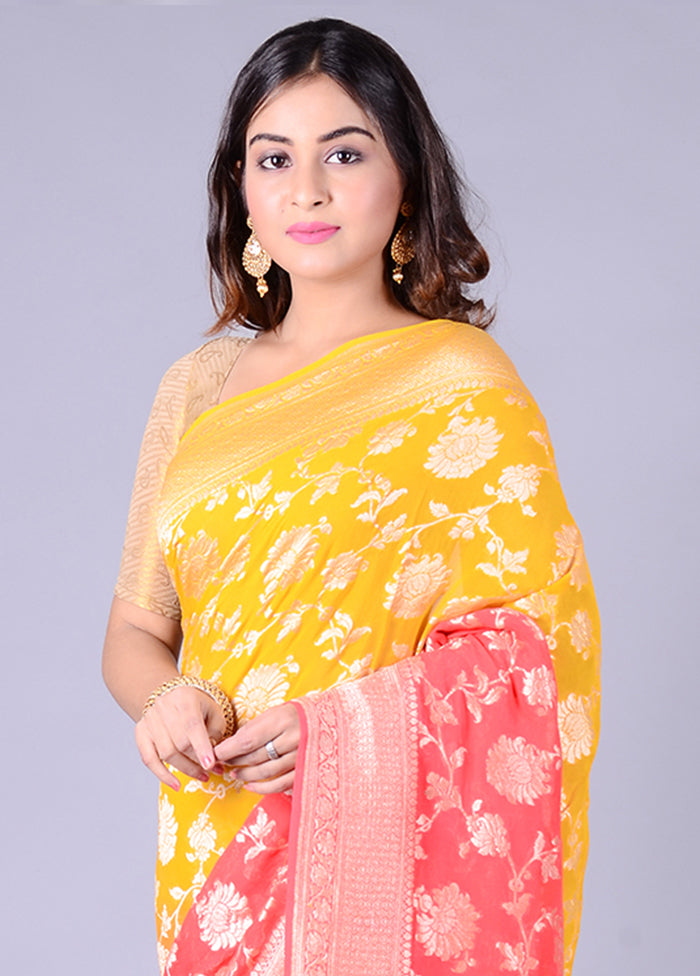 Yellow Chiffon Pure Silk Saree With Blouse Piece - Indian Silk House Agencies