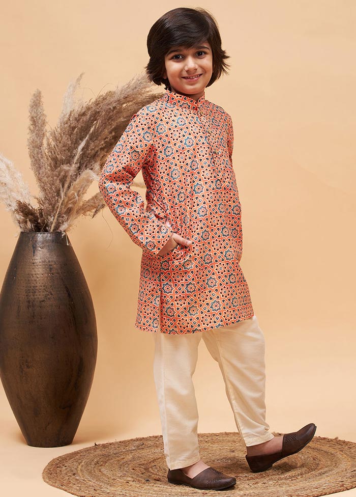 2 Pc Orange Silk Kurta Pajama Set - Indian Silk House Agencies