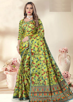 Green Spun Silk Saree With Blouse Piece - Indian Silk House Agencies