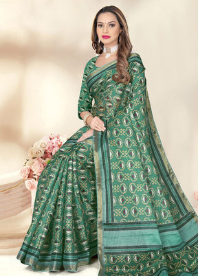 Green Spun Silk Saree With Blouse Piece - Indian Silk House Agencies