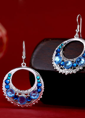 Estelle Party Wear Silver Toned Blue Crystal Dangler Earrings - Indian Silk House Agencies