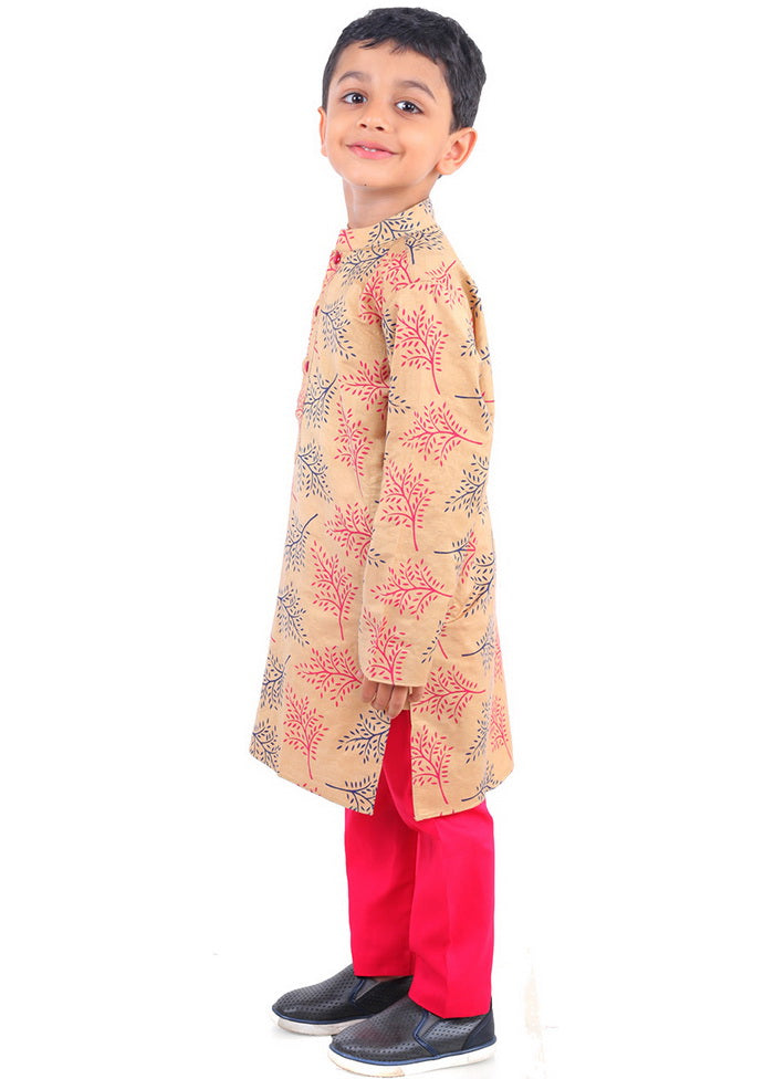 Beige Digital Print Benarasi Silk Kurta Pyjama Set - Indian Silk House Agencies