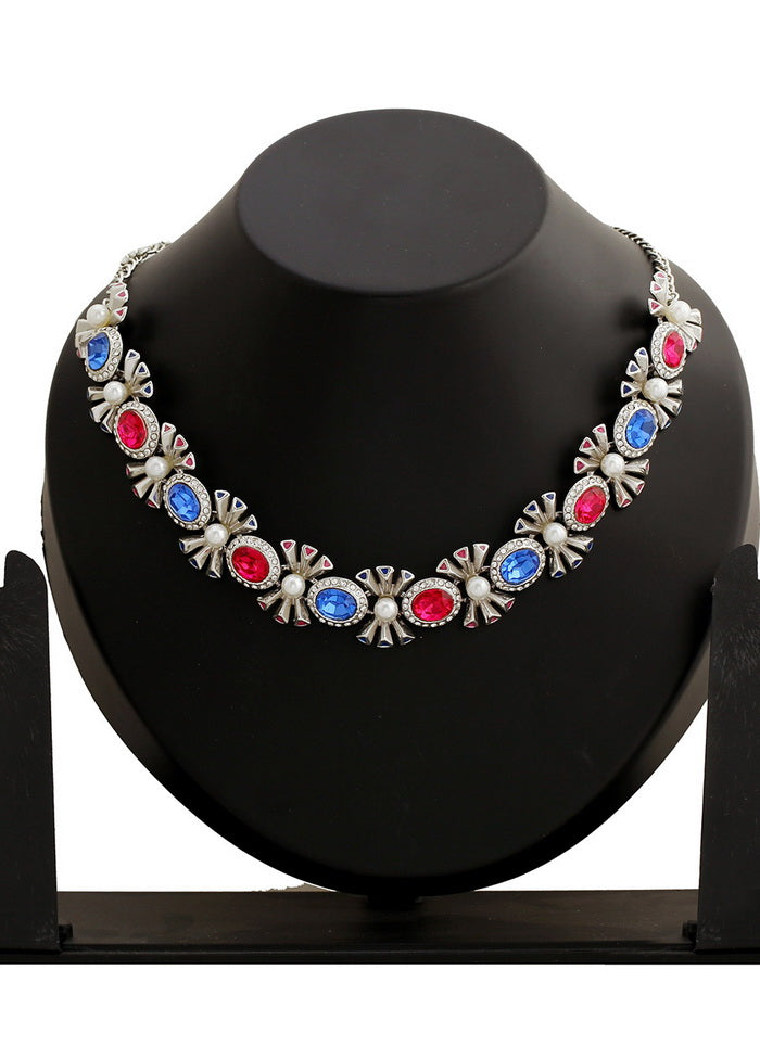 Estelle Designer Rhodium plated Pop Diva Necklace with blue and pink Austrian crystals - Indian Silk House Agencies