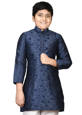 2 Pc Navy Blue Dupion Silk Kurta Pajama Set - Indian Silk House Agencies