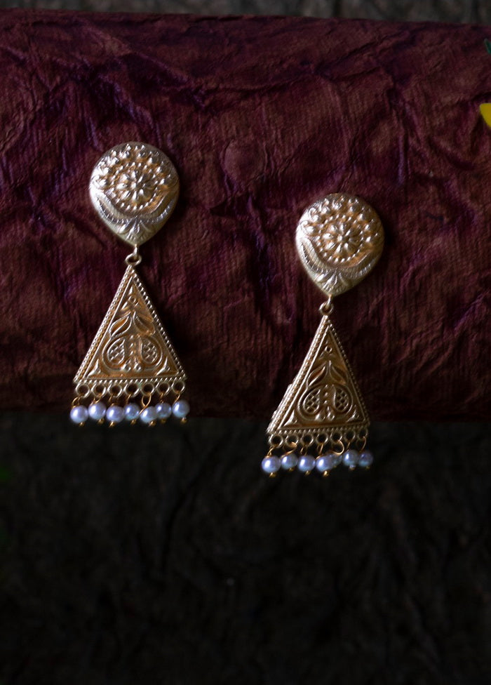 Matt Finish Brass Pearl Bead Drop Dangler Earring - Indian Silk House Agencies