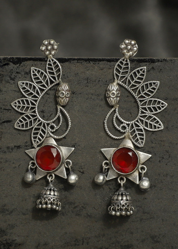 Red Stone Silver Toned Earrings - Indian Silk House Agencies