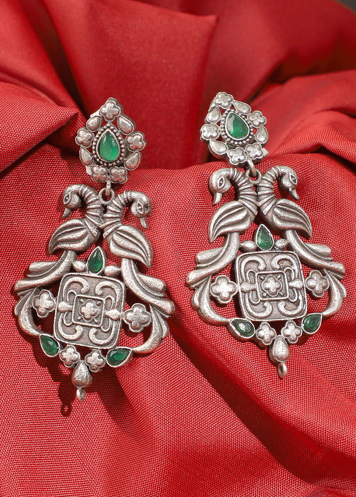 Peacock Green Stone Silver Toned Earrings - Indian Silk House Agencies