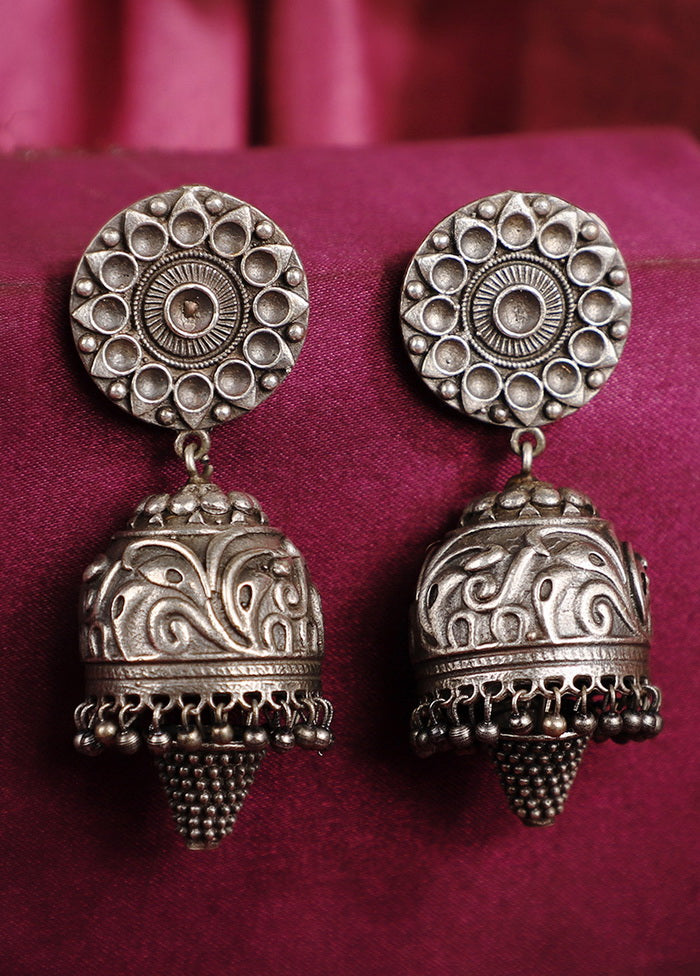 Silver Toned Handcrafted Brass Jhumka - Indian Silk House Agencies