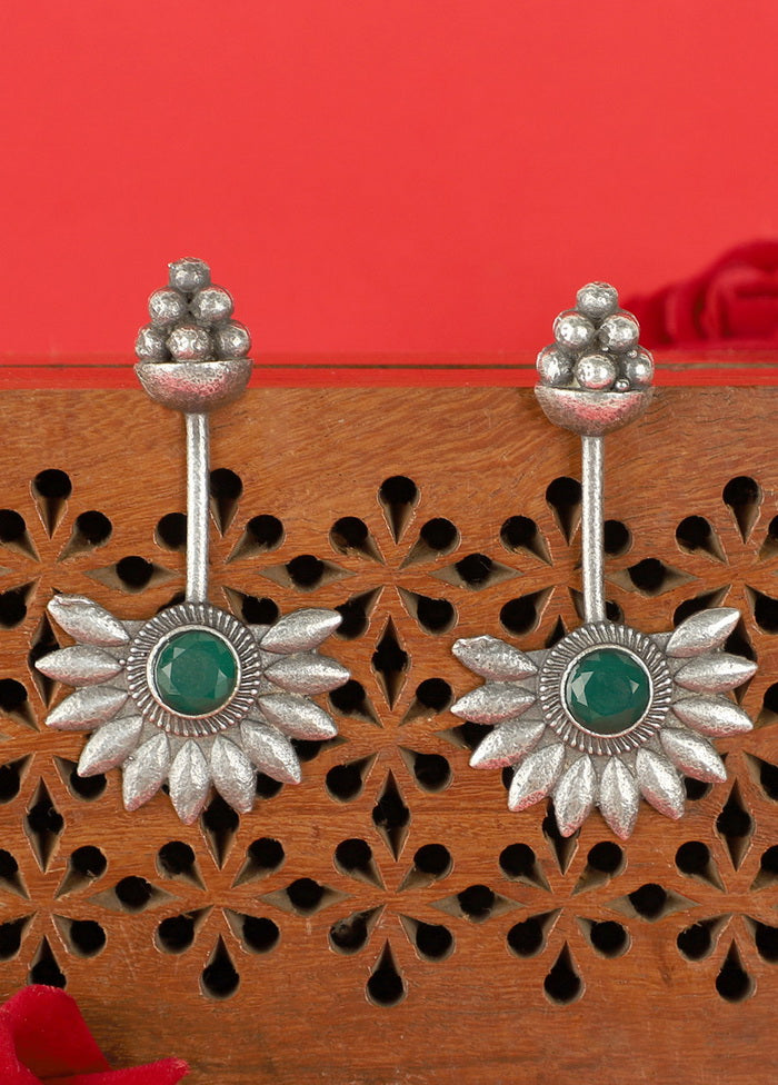 Green Stone Leaf Silver Toned Earrings - Indian Silk House Agencies