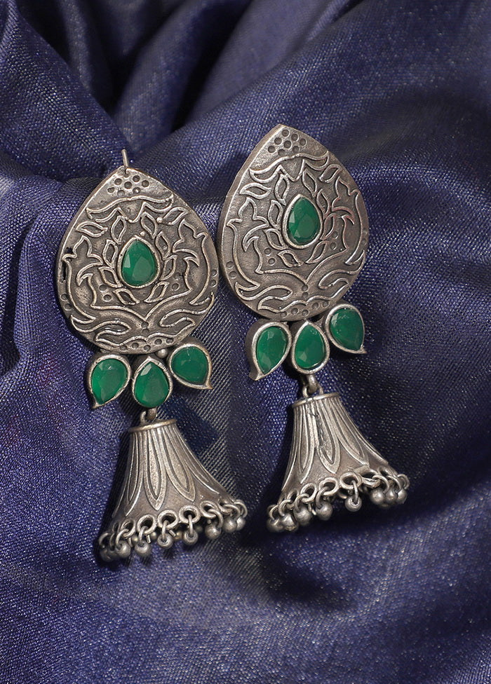 Green Emerald Silver Toned Earrings - Indian Silk House Agencies