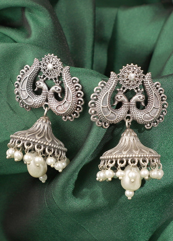 Peacock Jhumka Silver Toned Earrings - Indian Silk House Agencies