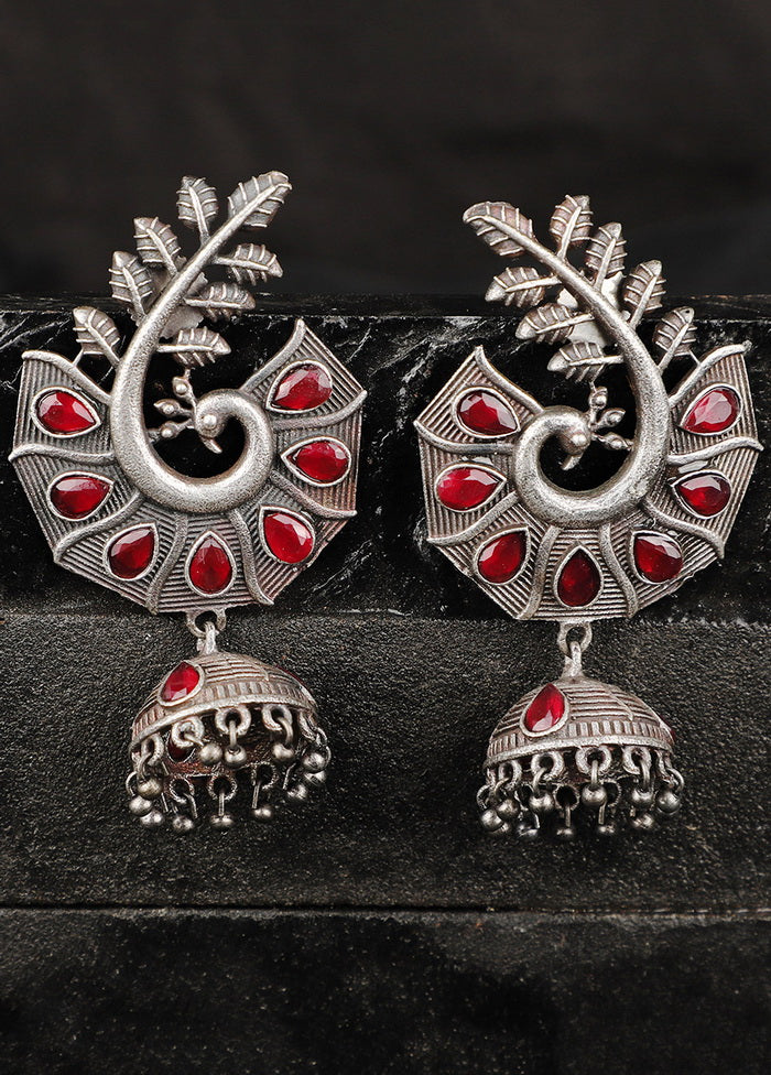Pink Motif Silver Toned Earrings - Indian Silk House Agencies