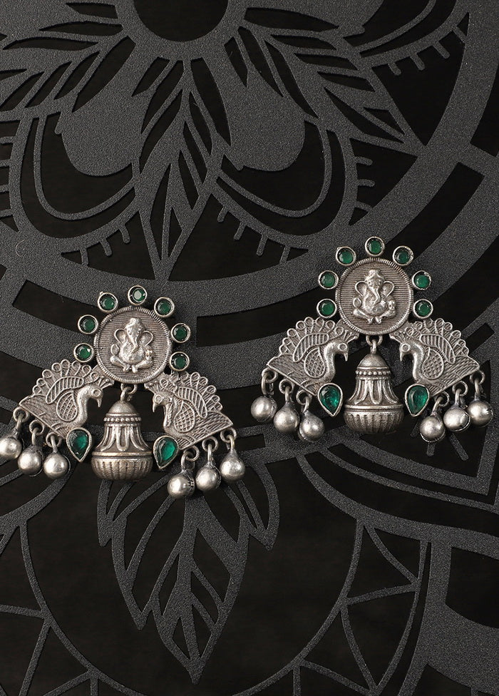 Green Stone Lord GaneshaLord Silver Toned Earrings - Indian Silk House Agencies