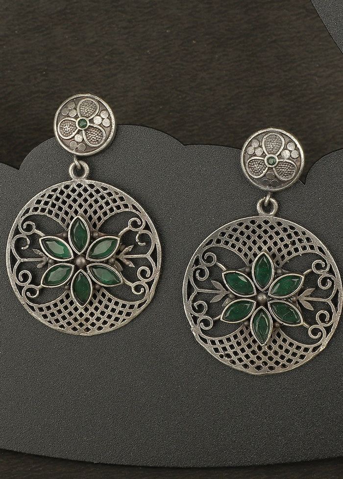 Round Shape Green Stone Silver Toned Earrings - Indian Silk House Agencies