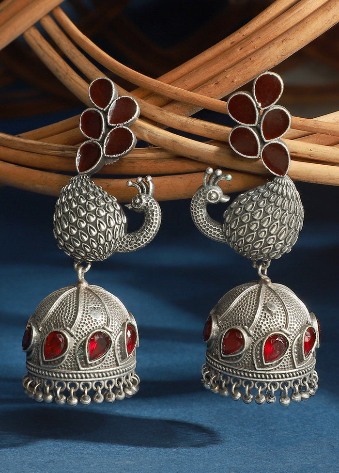 Red Stone Peacock Silver Toned Earrings - Indian Silk House Agencies