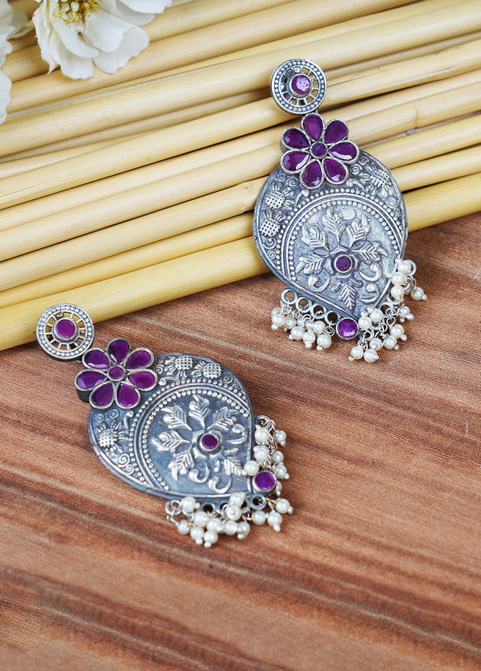 Leaf Pattern Silver Tone Brass Earrings - Indian Silk House Agencies