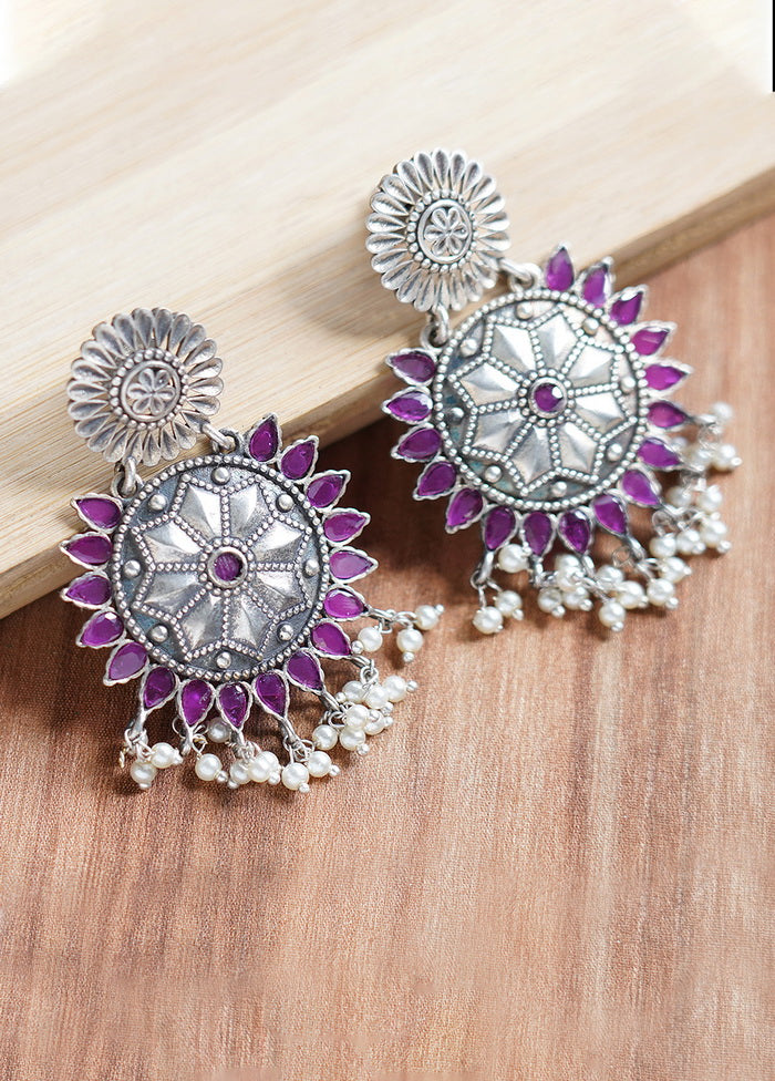 Leaf Pattern Round Shape Silver Tone Brass Earrings - Indian Silk House Agencies