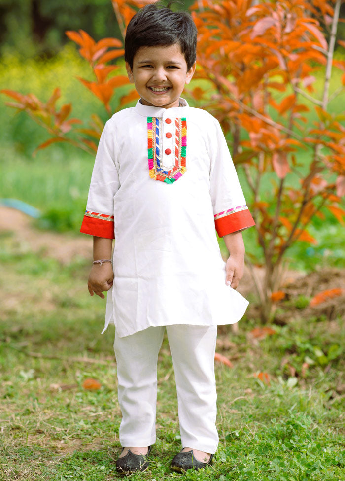 White Cotton Suit Set For Boys - Indian Silk House Agencies