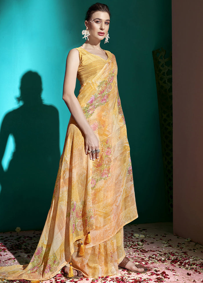 Yellow Chiffon Saree With Blouse Piece - Indian Silk House Agencies