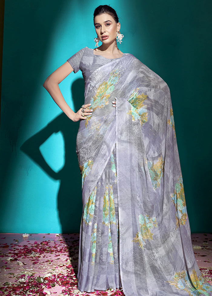 Grey Chiffon Saree With Blouse Piece - Indian Silk House Agencies