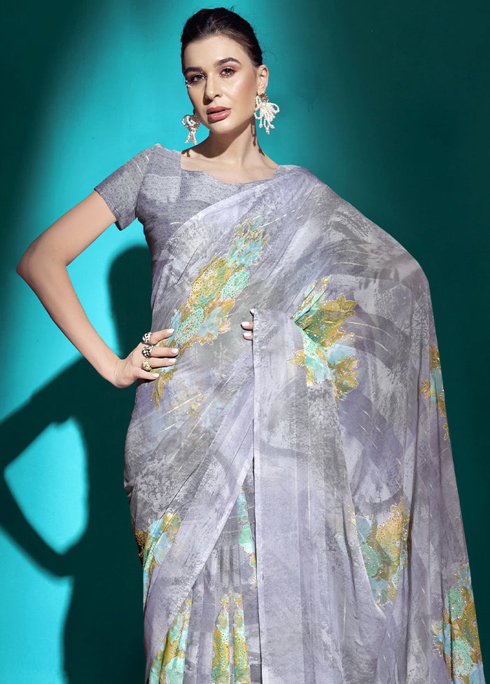 Grey Chiffon Saree With Blouse Piece - Indian Silk House Agencies