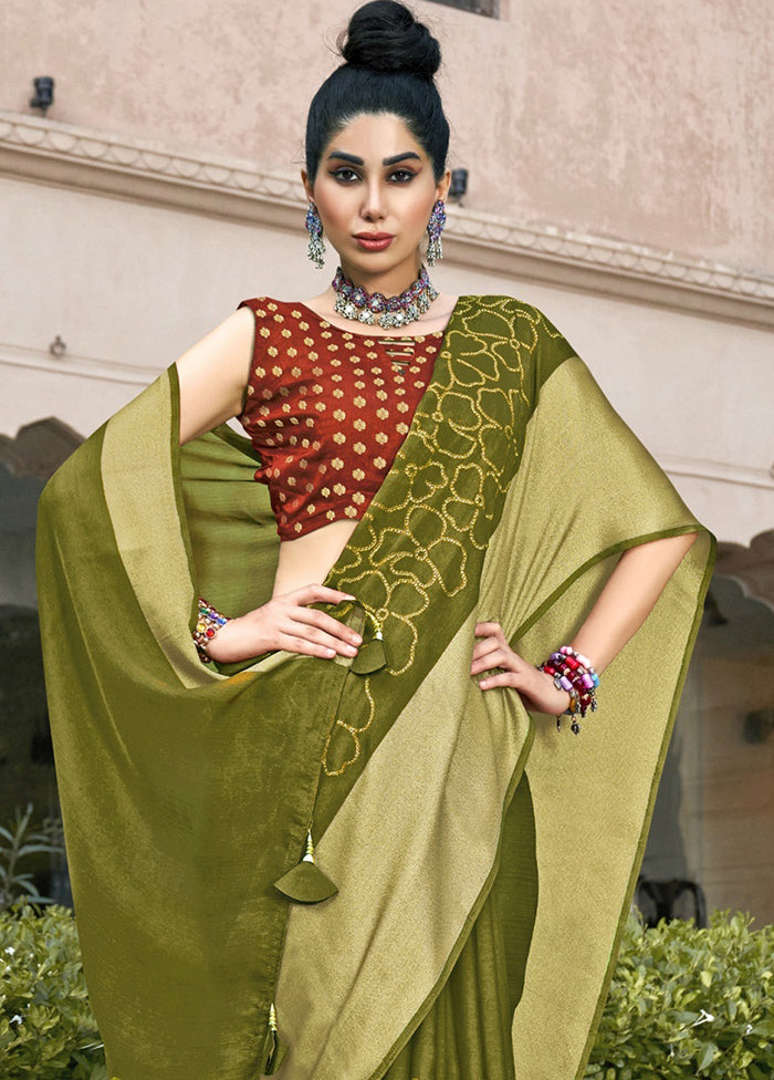 Green Spun Silk Saree With Blouse Piece - Indian Silk House Agencies