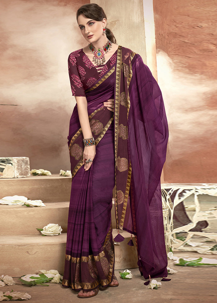 Purple Chiffon Saree With Blouse Piece - Indian Silk House Agencies