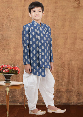 2 Pc Blue Jacquard Silk Kurta Dhoti Set - Indian Silk House Agencies