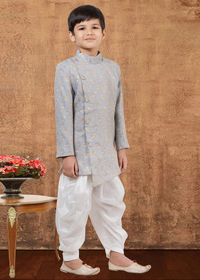 2 Pc Bluish Grey Jacquard Silk Kurta Dhoti Set - Indian Silk House Agencies
