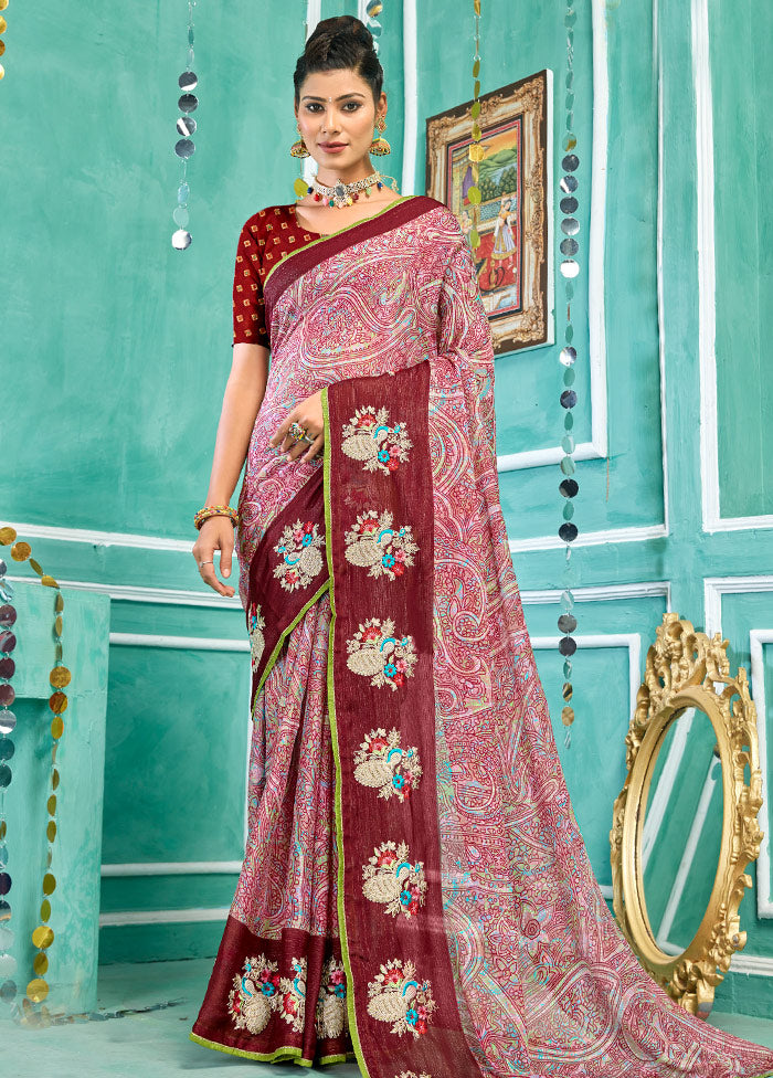 Pink Spun Silk Embroidered Saree With Blouse Piece - Indian Silk House Agencies