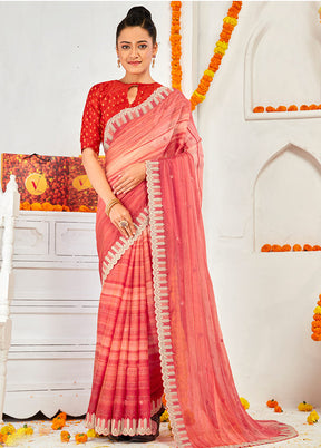 Coral Chiffon Silk Embroidered Saree With Blouse Piece - Indian Silk House Agencies