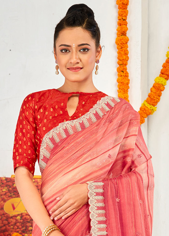 Coral Chiffon Silk Embroidered Saree With Blouse Piece - Indian Silk House Agencies