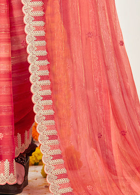 Coral Chiffon Silk Embroidered Saree With Blouse Piece - Indian Silk House Agencies