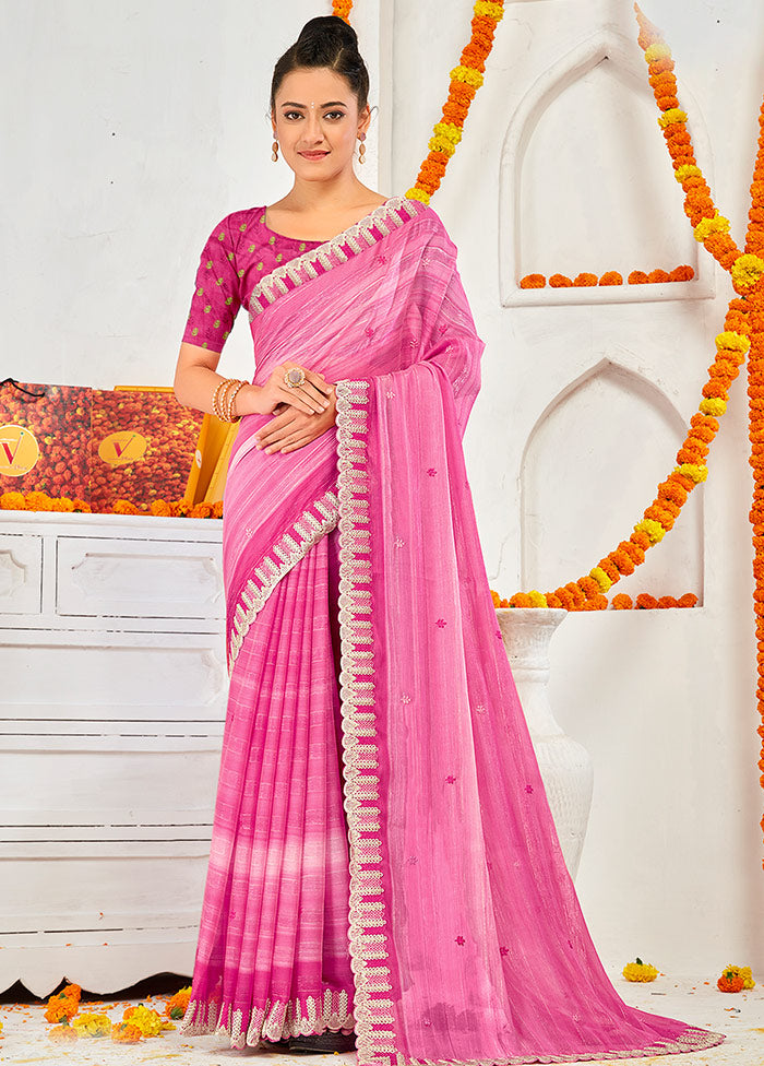 Pink Chiffon Silk Embroidered Saree With Blouse Piece - Indian Silk House Agencies