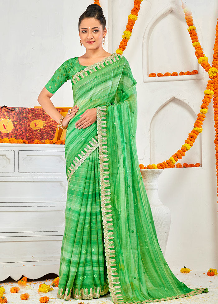 Green Chiffon Silk Embroidered Saree With Blouse Piece - Indian Silk House Agencies