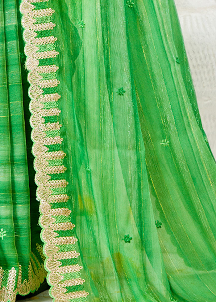 Green Chiffon Silk Embroidered Saree With Blouse Piece - Indian Silk House Agencies