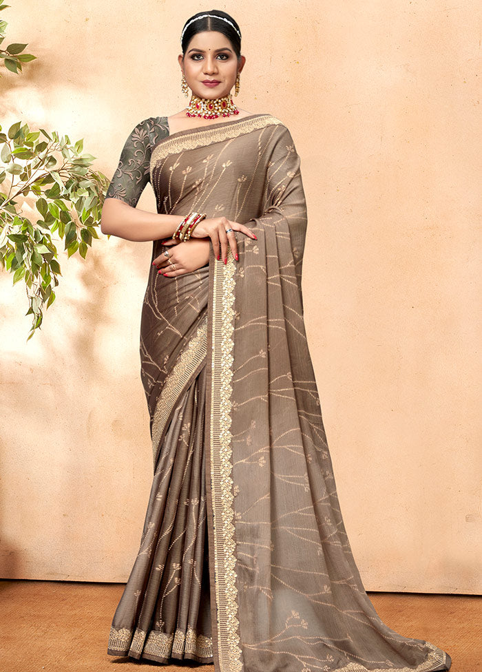 Brown Chiffon Silk Embellished Saree With Blouse Piece - Indian Silk House Agencies