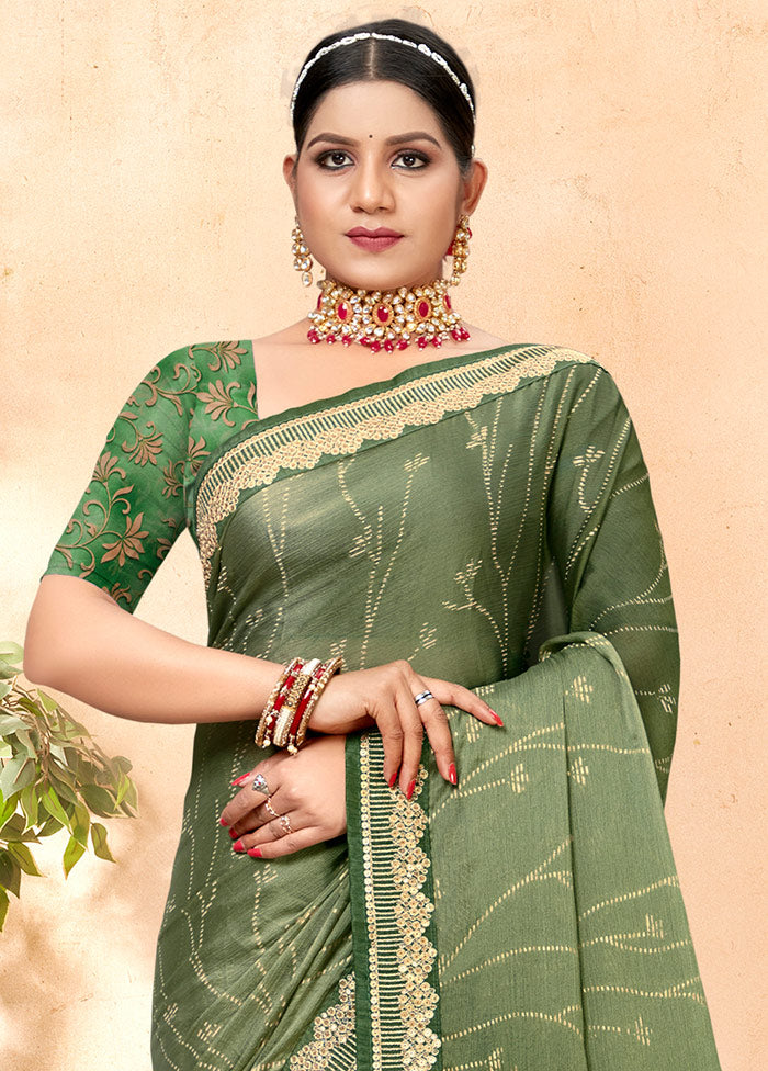 Green Chiffon Silk Embellished Saree With Blouse Piece - Indian Silk House Agencies