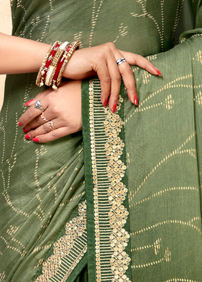 Green Chiffon Silk Embellished Saree With Blouse Piece - Indian Silk House Agencies