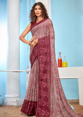 Peach Chiffon Silk Floral Print With Mirror Work Saree With Blouse Piece - Indian Silk House Agencies